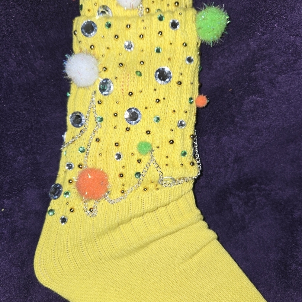 Yellow Kids Accessory Sock with Pom Poms and Rhinestones